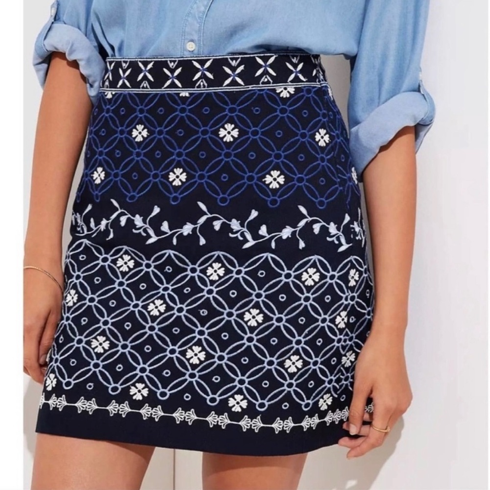 Ann Taylor Loft Navy Blue Embroidered Skirt